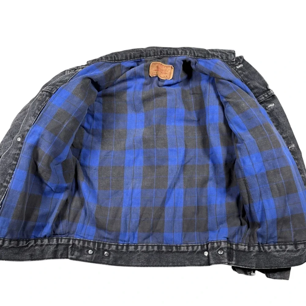 VTG 80s Levi's Kids Denim trucker Jacket Black Plaid Lined‎ USA Made Sz M